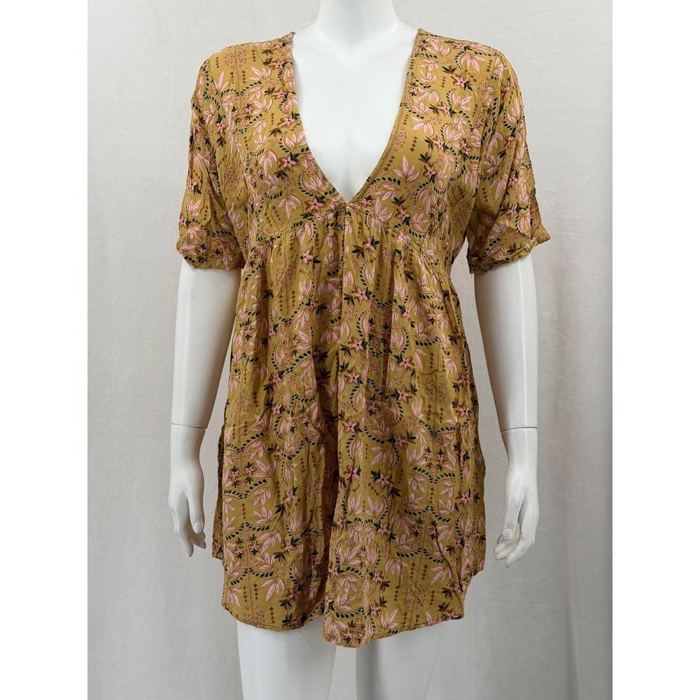 Natural Life Dress Womens XS Small Yellow Floral Stella Mini V-Neck Boho Cottage